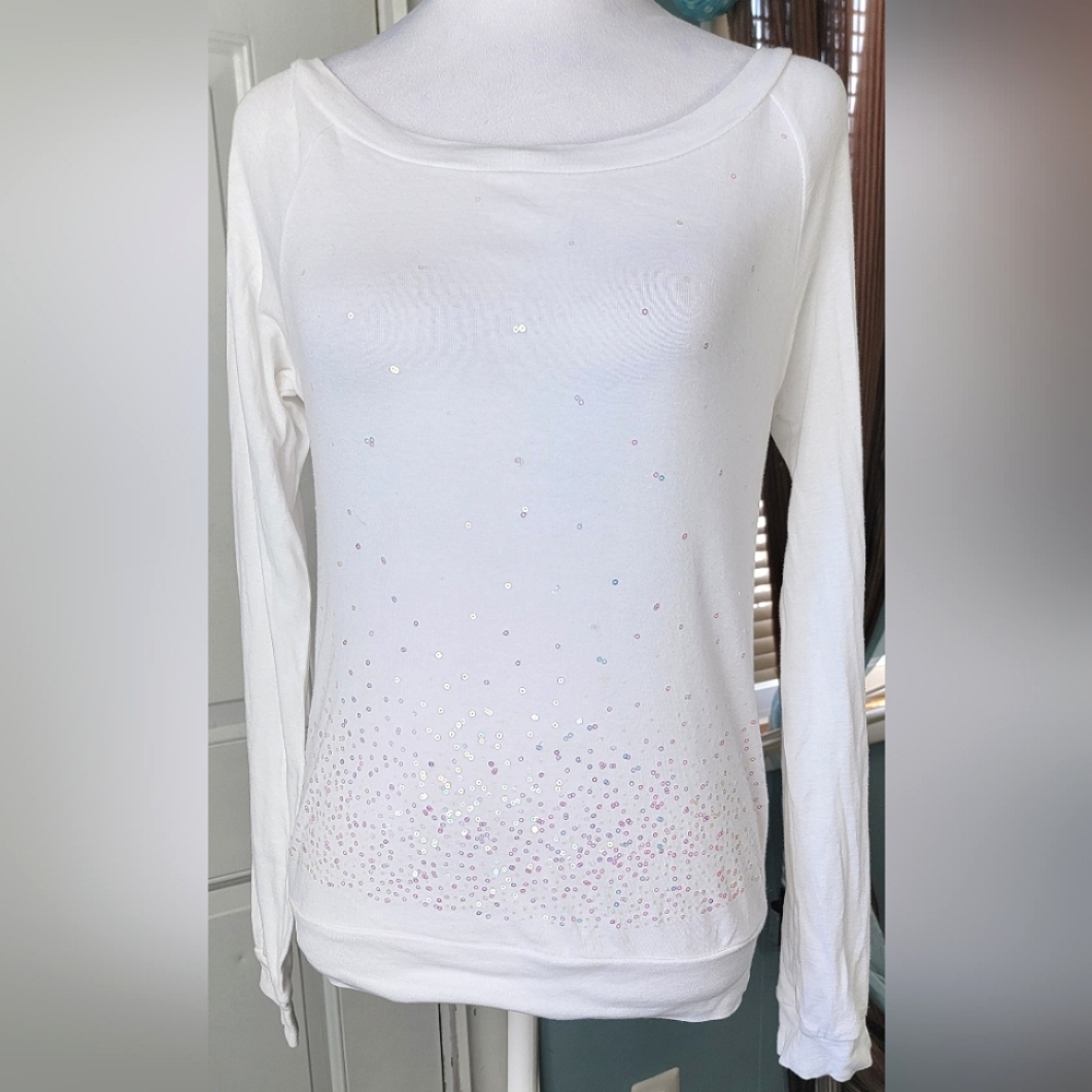 Vintage Y2K Long Sleeved Knit Top Women's L White Iridescent Sequins 100% Cotton